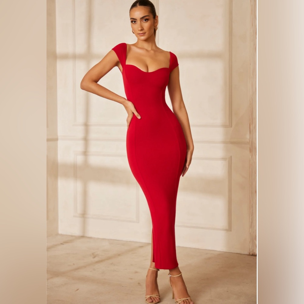 Oh Polly! Red Maxi Fitted Dress with slit in back middle
